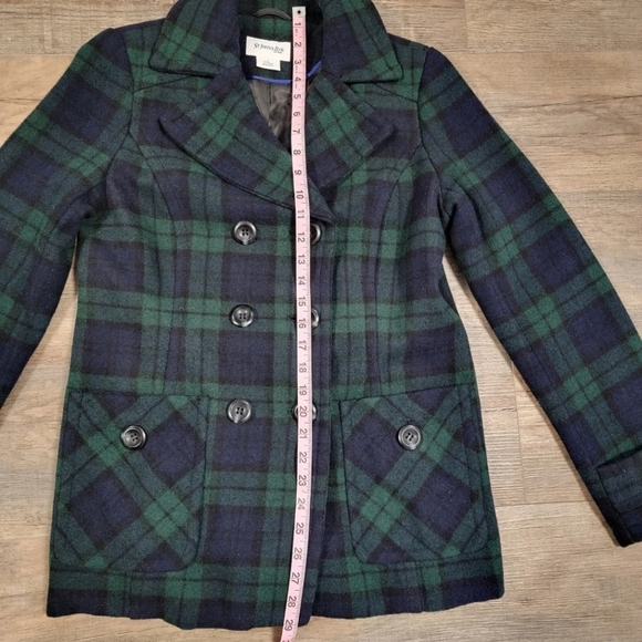 St John's Bay Wool Blend Peacoat Blue Green Plaid Size S Small Lined Pea Coat - Picture 10 of 12